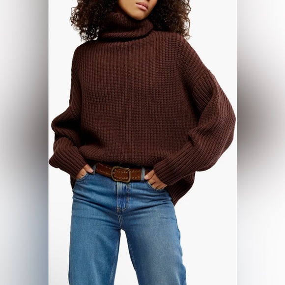 Free People Swim Too Deep Turtleneck Sweater Bitter Bark EUC - Picture 1 of 6